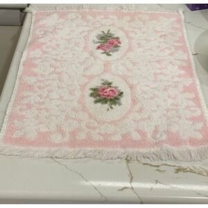 Vintage Cannon Royal Family Hand Towel Pink Double Roses‎ Floral Textured Fringe